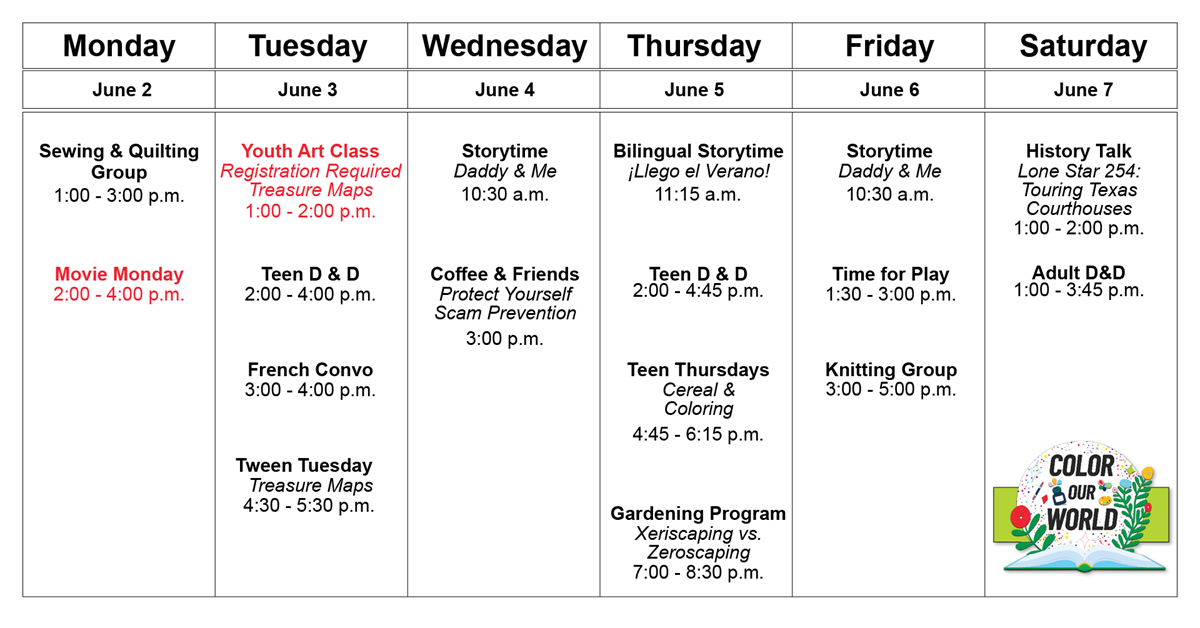 Weekly event schedule from June 2 to June 7, featuring activities like sewing, art, storytime, and D&D. The theme is "Color Our World."